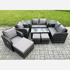 Fimous 10 PCS Rattan Garden Furniture Set Outdoor Patio Sofa, Table and Chairs Coffee Table 3 Footstools Ideal for Pool Side, Balcony, Outdoor and indoor Conservatory Patio Set