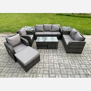 Fimous 10 Seater Outdoor Rattan Garden Furniture Set Rattan Lounge Sofa Set with Rectangular Coffee Table 2 Side Tables 3 Footstools Dark Grey Mixed