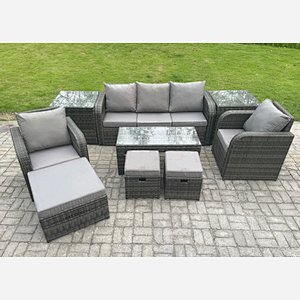 Fimous Rattan Garden Furniture Set with Rectangular Coffee Table 2 Side Tables 3 Footstools 8 Seater Patio Outdoor Lounge Sofa Set
