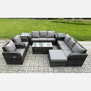 Fimous Wicker PE Rattan Sofa Set 11 Seater Outdoor Patio Garden Furniture Set with 2 Reclining Chairs Coffee Table 2 Side Tables 3 Footstools Dark Grey Mixed