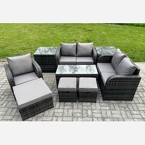 Fimous 8 Seater Rattan Outdoor Garden Furniture Sofa Set Patio Table & Chairs Set with 2 Side Tables 3 Footstools Dark Grey Mixed