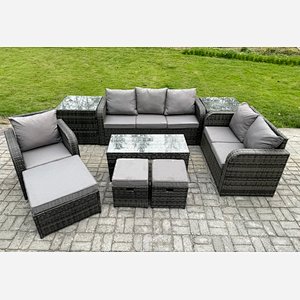 Fimous High Back Rattan Garden Furniture Set with Loveseat Sofa Rectangular Coffee Table 2 Side Tables 3 Footstools Indoor Outdoor Patio Lounge Sofa Set Dark Grey Mixed