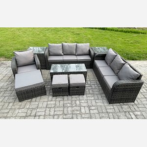 Fimous Outdoor Lounge Sofa Set 10 Seater Rattan Garden Furniture Set with Rectangular Coffee Table 3 Footstools 3 Seater Sofa 2 Side Tables Dark Grey Mixed