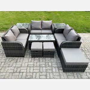 Fimous Outdoor Garden Furniture Sets 9 Pieces Wicker Rattan Furniture Sofa Sets with Rectangular Coffee Table Love seat Sofa 3 Footstools 2 Side Tables