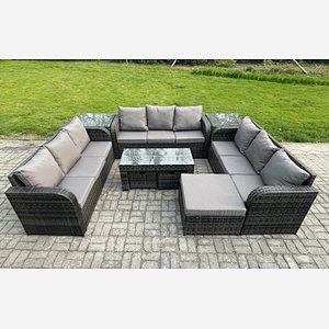 Fimous Rattan Garden Furniture Set 12 Seater Indoor Outdoor Patio Sofa Set with Coffee Table 3 Footstools 2 Side Tables Dark Grey Mixed