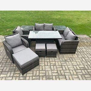 Fimous PE Rattan Garden Furniture Set Outdoor Height Adjustable Rising lifting Dining Table Chair Love Sofa With 2 Side Tables 3 Footstools
