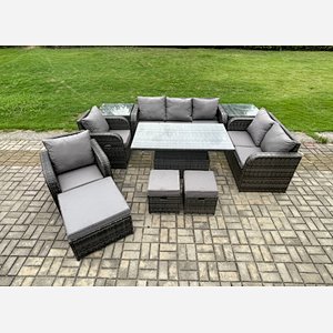 Fimous Wicker PE Rattan Outdoor Garden Furniture Sets Height Adjustable Rising lifting Dining Table Reclining Chair Sofa Set with 2 Side Tables 3 Footstools Dark Grey Mixed