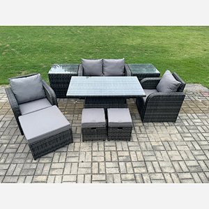 Fimous Rattan Furniture Outdoor Garden Dining Set Patio Height Adjustable Rising lifting Table Love Sofa Chair With 2 Side Tables  Stools