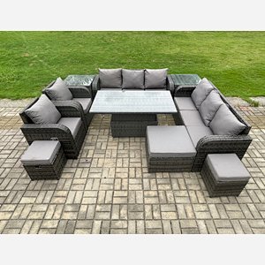 Fimous 11 Seater Rattan Outdoor Garden Furniture Sets Height Adjustable Rising lifting DiningTable Sofa Set with Reclining Chair 2 Side Tables 3 Footstools Dark Grey Mixed