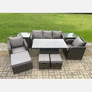 Fimous Outdoor Rattan Furniture Sofa Garden Dining Sets Height Adjustable Rising lifting Table and Chair Set With  2 Side Tables 3 Footstools