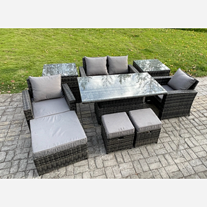 Fimous High Back Rattan Garden Furniture Sofa Sets with Height Adjustable Rising Lifting Table 2 Side Tables 3 Footstools Dark Grey Mixed