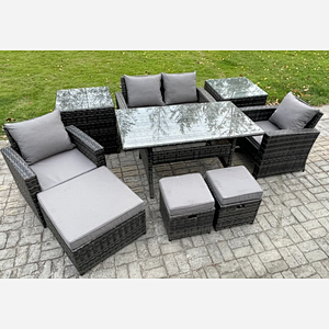 Fimous 7 Seater PE Wicker Outdoor Garden Furniture Set Patio Furniture Rattan Rectangular Dining Table Lounge Sofa with 3 Footstools 2 Side Tables