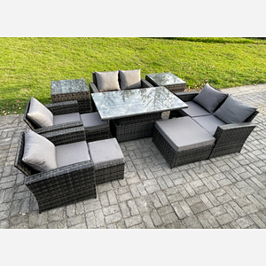 Fimous Outdoor Garden Furniture Sets 10 Pieces Wicker Rattan Furniture Sofa Dining Table Set with 3 Footstools 2 Side Tables Dark Grey Mixed