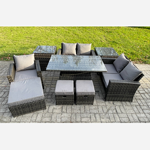 Fimous 8 Seater Outdoor Rattan Patio Furniture Set Garden Height Adjustable Rising Lifting Table Sofa Dining Set with 2 Side Tables 3 Footstools Dark Grey Mixed
