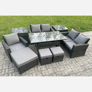 Fimous Outdoor Garden Dining Set Wicker PE Rattan Furniture Sofa with Rectangular Dining Table Double Seat Sofa 2 Side Tables 3 Footstools Dark Grey Mixed