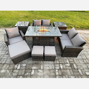 Fimous 8 Seater Rattan Outdoor Garden Furniture Gas Fire Pit Table Sets Gas Heater with Love Sofa Armchair 3 Footstools 2 Side Tables Dark Mixed Grey