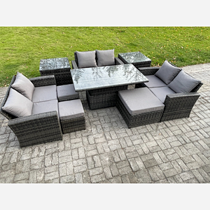 Fimous Wicker PE Rattan Garden Furniture Set Height Adjustable Rising Lifting Table Sofa Dining Set with Double Seat Sofa 3 Footstools 2 Side Tables Dark Grey Mixed