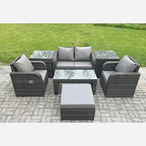 Fimous Rattan Lounge Sofa Set 7 PCS Outdoor Garden Furniture Set with Rectangular Coffee Table Love Sofa 2 Side Tables Big Footstool Dark Grey Mixed