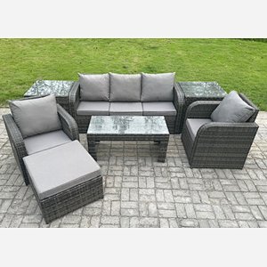 Fimous 6 Seater Rattan Garden Furniture Set with Rectangular Coffee Table 2 Side Tables Big Footstool Patio Outdoor Rattan Set