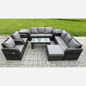 Fimous 9 Seater Wicker PE Rattan Sofa Set Outdoor Patio Garden Furniture with 2 Reclining Chairs Coffee Table 2 Side Tables Big Footstool Dark Grey Mixed