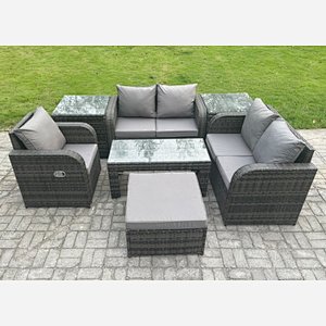 Fimous Rattan Outdoor Garden Furniture Sofa Set Patio Table & Chairs Set with Big Footstool 2 Side Tables Dark Grey Mixed