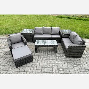 Fimous 7 Seater High Back Rattan Garden Furniture Set with Loveseat Sofa Rectangular Coffee Table 2 Side Tables Indoor Outdoor Patio Lounge Sofa Set Dark Grey Mixed