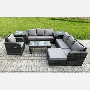 Fimous 8 Seater Outdoor Lounge Sofa Set Rattan Garden Furniture Set with Rectangular Coffee Table Big Footstool 3 Seater Sofa 2 Side Tables Dark Grey Mixed