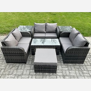 Fimous 7 Seater Rattan Garden Furniture Set Indoor Outdoor Patio Sofa Set with Coffee Table Love seat Sofa 2 Side Tables Big Footstool Dark Grey Mixed