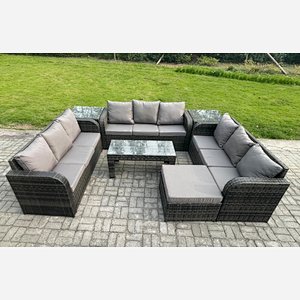 Fimous 10 Seater Rattan Garden Furniture Set Indoor Outdoor Patio Sofa Set with Coffee Table 2 Side Tables Big Footstool Dark Grey Mixed