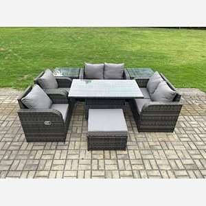 Fimous Wicker PE Rattan Furniture Garden Dining Set Outdoor Height Adjustable Rising lifting Table Love Sofa Chair With 2 Side Tables Stools