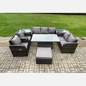 Fimous Wicker PE Rattan Outdoor Garden Furniture Sets Height Adjustable Rising lifting Dining Table Reclining Chair Sofa Set with 2 Side Tables Big Footstool Dark Grey Mixed