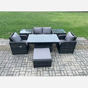 Fimous Outdoor Rattan Furniture Garden Dining Set Height Adjustable Rising lifting Table Love Sofa Chair With 2 Side Tables Big Footstool