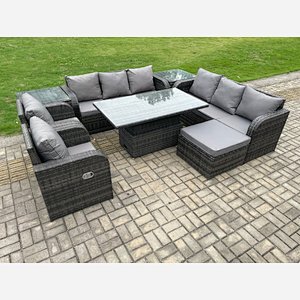 Fimous Rattan Outdoor Garden Furniture Sets Height Adjustable Rising lifting DiningTable Sofa Set with Reclining Chair 2 Side Table Big Footstool Dark Grey Mixed