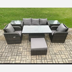 Fimous Wicker PE Rattan Outdoor Garden Furniture Set Height Adjustable Rising lifting Dining Table With Armchair 2 Side Tables Footstool