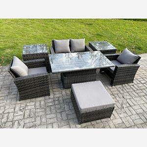 Fimous Outdoor Garden Dining Sets 5 Seater Rattan Patio Furniture Sofa Set with Rising Lifting Table 2 Side Tables Big Footstool Dark Grey Mixed