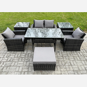 Fimous 5 Seater PE Wicker Outdoor Garden Furniture Set Patio Furniture Rattan Rectangular Dining Table Lounge Sofa with 2 Side Tables Big Footstool