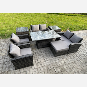 Fimous Rattan Garden Furniture Sets Patio Outdoor Rising Lifting Table Sofa Set with Double Seat Sofa 2 Side Tables Big Footstool Dark Grey Mixed