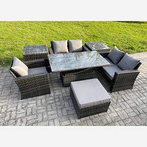 Fimous 7pcs Rattan Outdoor Garden Furniture Set Height Adjustable Rising Lifting Table Sofa Dining Set with 2 Side Tables Big Footstool Dark Grey Mixed