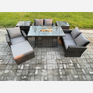 Fimous Rattan Outdoor Garden Furniture Gas Fire Pit Table Sets Gas Heater with Love Sofa Armchair 2 Side Tables Big Footstool 6 Seater Dark Mixed Grey