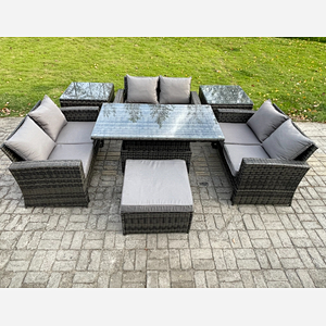 Fimous 7 pieces Outdoor Lounge Sofa Set Wicker PE Rattan Garden Furniture Set with Rising Lifting Table Double Seat Sofa 2 Side Tables Big Footstool Dark Grey Mixed