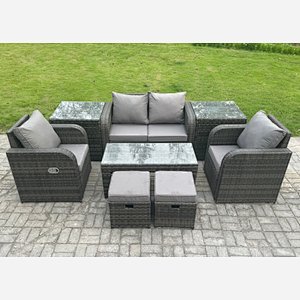 Fimous Outdoor Lounge Sofa Set Wicker PE Rattan Garden Furniture Set with Reclining Chair Coffee Table 2 Side Tables 2 Small Footstools Dark Grey Mixed