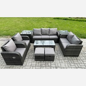 Fimous 9 Seater Outdoor Rattan Garden Furniture Set Rattan Lounge Sofa Set with Rectangular Coffee Table 2 Side Tables 2 Small Footstools Dark Grey Mixed