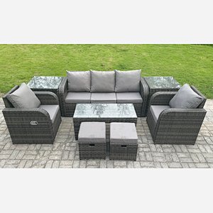 Fimous 7 Seater Rattan Garden Furniture Set with Rectangular Coffee Table 2 Side Tables 2 Small Footstools Patio Outdoor Lounge Sofa Set