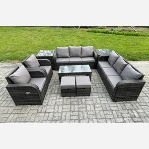 Fimous Wicker PE Rattan Sofa Set 10 Seater Outdoor Patio Garden Furniture Set with 2 Reclining Chairs Coffee Table 2 Side Tables 2 Small Footstools Dark Grey Mixed