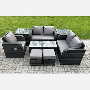 Fimous 7 Seater Rattan Outdoor Garden Furniture Sofa Set Patio Table & Chairs Set with 2 Side Tables 2 Small Footstools Dark Grey Mixed