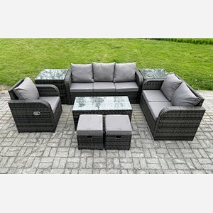 Fimous High Back Rattan Garden Furniture Set with Loveseat Sofa Rectangular Coffee Table 2 Side Tables 2 Small Footstools Indoor Outdoor Patio Lounge Sofa Set Dark Grey Mixed