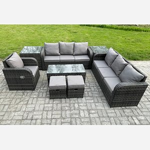 Fimous Outdoor Lounge Sofa Set 9 Seater Rattan Garden Furniture Set with Rectangular Coffee Table 2 Small Footstools 3 Seater Sofa 2 Side Tables Dark Grey Mixed