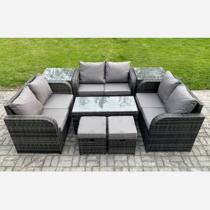 Fimous Outdoor Garden Furniture Sets 8 Pieces Wicker Rattan Furniture Sofa Sets with Rectangular Coffee Table Love seat Sofa 2 Small Footstools 2 Side Tables