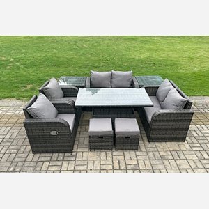 Fimous Wicker PE Rattan Furniture Garden Dining Set Outdoor Height Adjustable Rising lifting Table Love Sofa Chair With 2 Side Table Stools