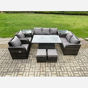 Fimous Wicker PE Rattan Outdoor Garden Furniture Sets Height Adjustable Rising lifting Dining Table Reclining Chair Sofa Set with 2 Side Tables 2 Small Footstools Dark Grey Mixed